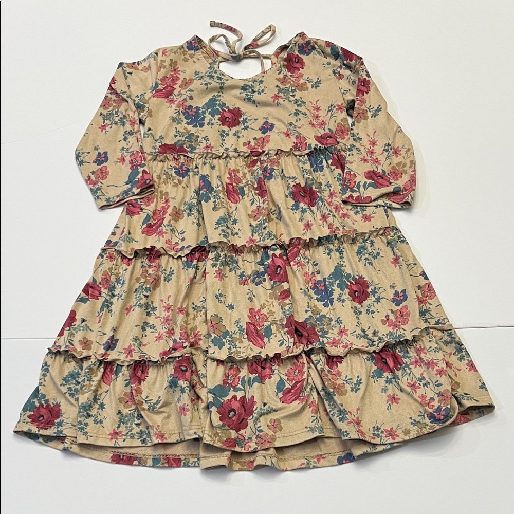 Faux Suede Floral Kids Dress with Keyhole Bow Soft Tan Rustic Western Style